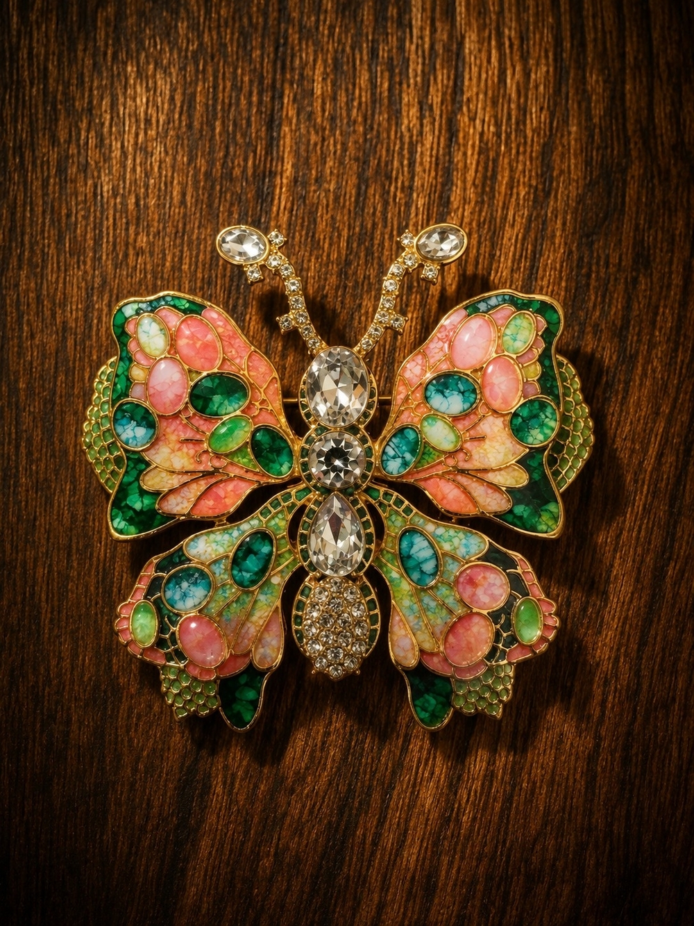 NWOT Elegant Butterfly Brooch Pin - Pink & Green Crystal Design